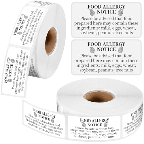 Gueevin 600 Count 1x2'' Food Allergy Warning Labels Allergies Restaurant Food Safety Self Adhesive Stickers Restaurant Removable Thermal Printed Labels for Kitchen(White) - color: White