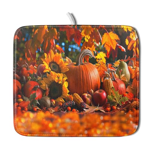 Fall Harvest Pumpkin Dish Drying Mat for Kitchen Counter,Thanksgiving Maple Leaves Sunflower Drying Mat 16 x 18 Inch with Absorbent Reversible Microfiber Dish Drying Pad for Coffee Bar - size: 16" x 18"