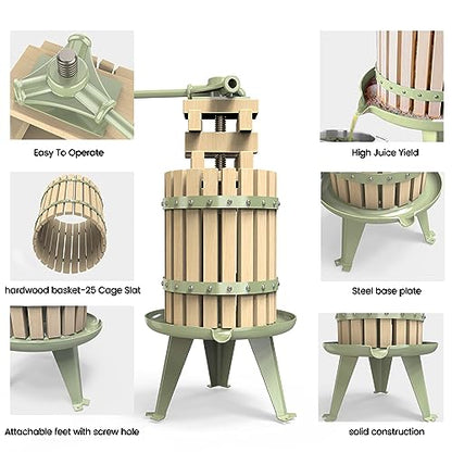1.6 Gallon Green Fruit and Wine Press, Manual Cider Juice Maker with Solid Beech Wood Basket & Heavy-Duty Stand for Apples, Grapes, Berries - color: Green, size: 1.6 Gallon