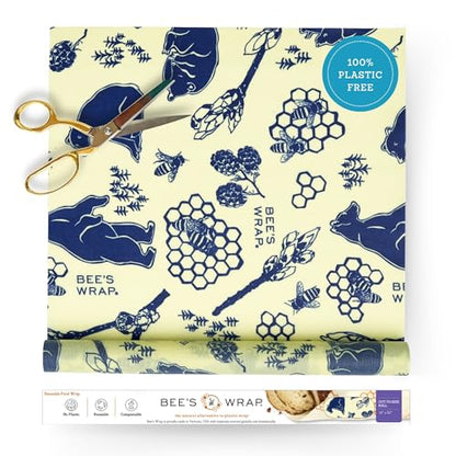 Bee's Wrap Beeswax Wraps for Food - Cut to Size 14x52" Beeswax Wrap Roll - Plastic Free Made in USA Reusable Natural Food Wrap - Bees & Bears - style: Bees + Bears