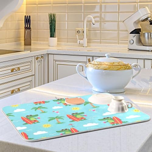 Crocodile Palm Trees Dish Drying Mat for Kitchen Counter Super Absorbent Draining Mat with Non-slip Backed Dishwashing Mat for Dish Cups Bowl Bottles Countertops Sinks Draining Racks