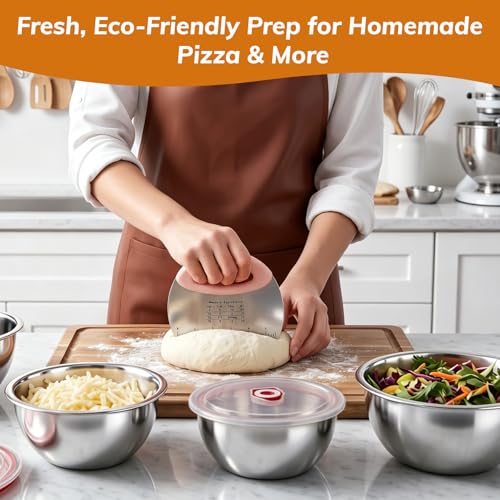 3 Pack Pizza Dough Proofing Box Includes Cutter, 800ML+1200ML+1800ML Stainless Steel Food Storage Container with Lid, Household Pizza Dough Bowl for Bread & Dough Balls - size: 1800ML
