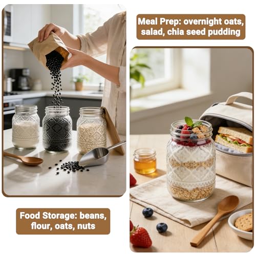 16oz Embossed Mason Jars 4-Pack, Regular Mouth Pint Glass Canning Jars | Airtight Seals, Ideal for Overnight Oats, Meal Prep, Pickling, Fermenting, Food Storage, DIY Crafts & Gifts - color: Clear07-16oz