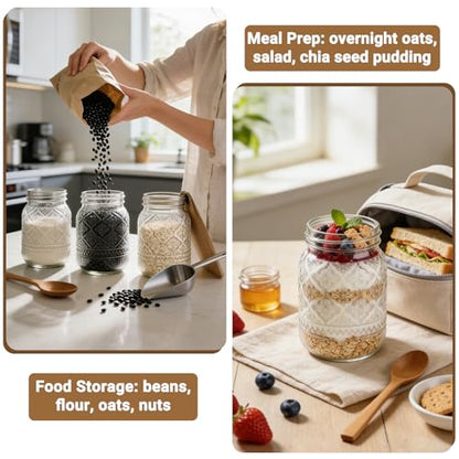 16oz Embossed Mason Jars 4-Pack, Regular Mouth Pint Glass Canning Jars | Airtight Seals, Ideal for Overnight Oats, Meal Prep, Pickling, Fermenting, Food Storage, DIY Crafts & Gifts - color: Clear07-16oz