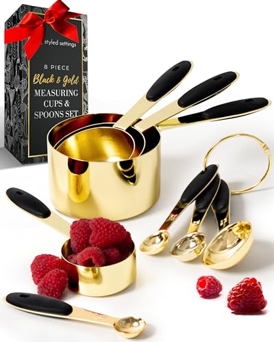 Styled Settings Black and Gold Measuring Cups and Spoons Set - 8PC Stainless Steel Measuring Spoons and Cups Set for Precise Baking & Cooking - Stylish Black and Gold Kitchen Accessories - color: Black