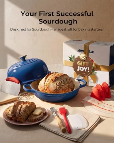 Enameled Cast Iron Bread Oven 5 Qt with Starter Kit, Round Dutch Oven with Lid for Sourdough Baking, Baking Kit Includes Silicone Sling, Banneton & Lame, Complete Artisan Bread Set - color: Blue, size: Bread Oven & Baking Kit