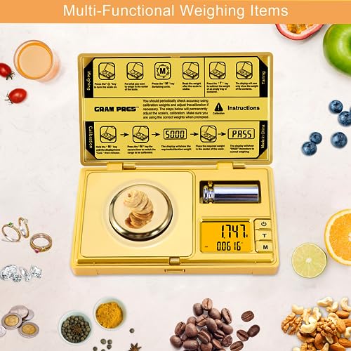 GRAM PRES High Precision Milligram Scale,50g/0.001g Digital Mini Pocket Gram Scale,Mg Scale for Weighing Powders,Jewelry, Medicine, Gem, Reloading,Gold Scale with Cal Weight, Tweezer and Tray - color: GOLD