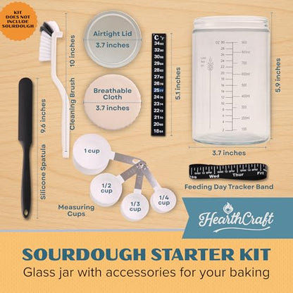 Sourdough Starter Jar Kit 34oz - Wide Mouth Glass Jar with Thermometer Strip, Feeding Day Tracker, Silicone Spatula, Cloth Cover, Measuring Cups & Metal Lid for Homemade Artisan Sourdough Bread Baking