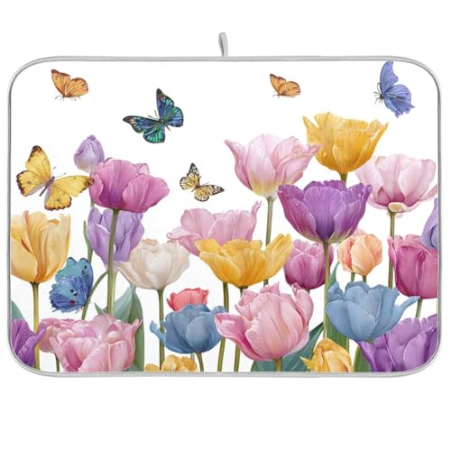 Light Pink Tulips Butterfly Dish Drying Mat for Kitchen Counter Drainer Rack Mats for Dishes Washable Absorbent Draining Heat Resistant Pad for Countertop 18x24 - color: Light Pink Tulips Butterfly, size: 18'' x 24''