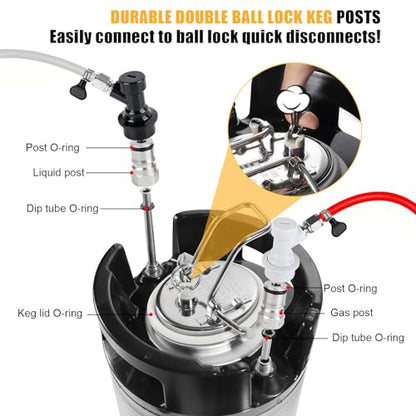 New 5 Gallon Ball Lock Keg, 304SS Corny Keg with Ball Lock Quick Disconnect & Dual Rubber Handles Bottom -Portable Beer Disperse with 2 Lid Gaskets 2 Hose Clamps - Ideal for Homebrew Party