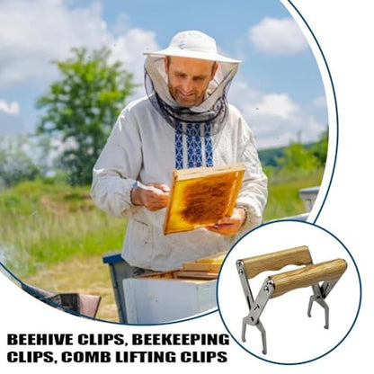 Beehive Frame Holder - Stainless Steel Beekeeping Tool with Wooden Handle, Secure Frame Grip for Beekeepers, Reduces Hand Fatigue, Easy One-Hand Operation