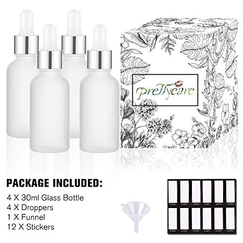 PrettyCare 4 Pack 1oz Dropper Bottle for Essential Oils, 30 ml Frosted Clear Glass Leak Proof Essential Oils Bottles with Labels, Funnels- Empty Tincture Bottles for Personal Care & Beauty - color: 1oz Frosted, style: 4 Pack