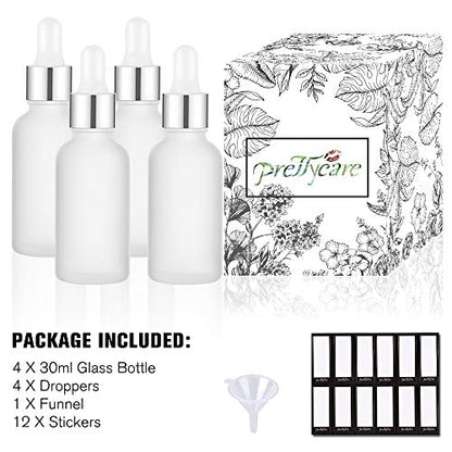 PrettyCare 4 Pack 1oz Dropper Bottle for Essential Oils, 30 ml Frosted Clear Glass Leak Proof Essential Oils Bottles with Labels, Funnels- Empty Tincture Bottles for Personal Care & Beauty - color: 1oz Frosted, style: 4 Pack