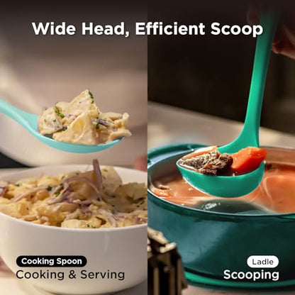 Kitchen Mama DuoEssentials Ladle & Cooking Spoon Set, Teal | Silicone, Heat Resistant, One-Piece Design, For Nonstick Cookware, For Soup, Stirring, Serving & Sauteing - color: Teal