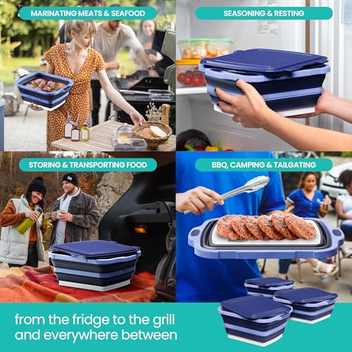 Modern Innovations Collapsible BBQ Prep Tubs, 3 Pack, Blue, Locking Lids | BBQ Marinating Tubs, Cutting Board Lids, Drain Spouts, Small Medium Large, Collapsible, Camping, Tailgating - color: Blue