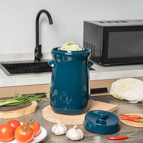 Fermentation Crock 3.8Liter/1 Gallon Stoneware Pot for Fermenting, Pickling Kimchi, Pickles, Vegetables, Kombucha - Glazed Fermenter with Stone Weights, Lid & Pickle Tamper-Blue Crock
