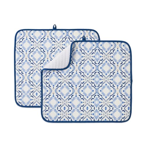FRESHMINT Printed Dish Drying Mats for Kitchen Counter 2 Pack Absorbent Reversible Drying Mats Microfiber Kitchen Countertop Protector Dishes Drying Pad Extra Large 18"x16" Dish Mat - color: Morrocan Tile, size: 16''X18''