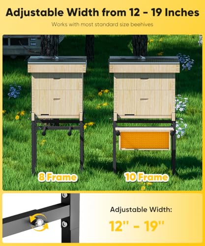 Mondazie Adjustable Metal Bee Hive Stand with Detachable Beehive Frame Holder for 8 & 10 Frame, 12 to 19 Inches Width Flow Hives Stand with 120-Inches Strap, Flowhive Stands Base for Beekeeping, Black - color: Black - With Frame Holder