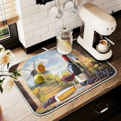 Red Wine Glasses with Grape Cheese Farmhouse Dish Drying Mats for Kitchen Counter Absorbent Microfiber Dish Drying Matt 16 x 18 Inch Draining Reusable Rack Pad