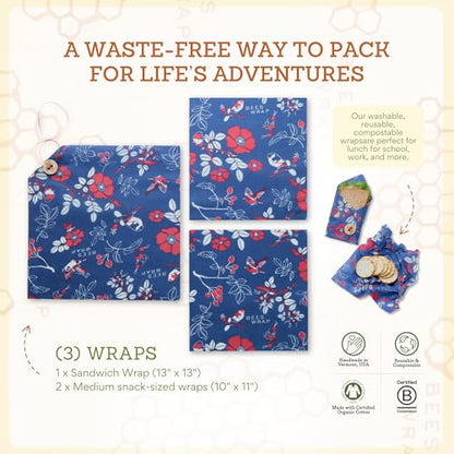 Bee's Wrap Beeswax Wraps for Food - 3 Pack of Assorted Beeswax Wraps - 2 Medium & Sandwich Wrap - Plastic Free Made in USA Reusable Natural Food Wrap - Botanical - style: Lunch Pack Botanical