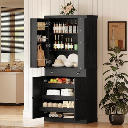 IRONCK Kitchen Pantry Cabinet 72" Height, Freestanding Cupboard with Drawer, Sliding Storage Rack, and 6 Hanging Shelves for Dining Room, Laundry, Living Room, Black - color: Black
