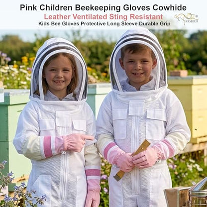 Pink Children Beekeeping Gloves Cowhide Leather Ventilated Sting Resistant Kids Bee Gloves Protective Long Sleeve Durable Grip (L) - size: Large