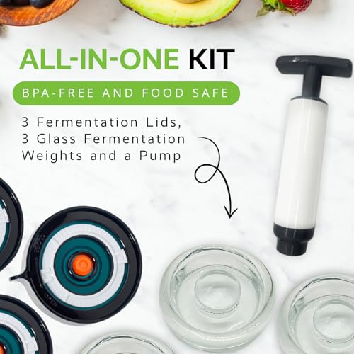 Fermentation Lids Starter Set, Includes 3 Airlock Fermentation Lids and 3 Glass Weights, Sauerkraut Fermenting Kit for Wide Mouth Mason Jar, Pickles, Vegetables, & Kimchi Making Kit - color: Blue