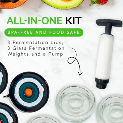 Fermentation Lids Starter Set, Includes 3 Airlock Fermentation Lids and 3 Glass Weights, Sauerkraut Fermenting Kit for Wide Mouth Mason Jar, Pickles, Vegetables, & Kimchi Making Kit - color: Blue