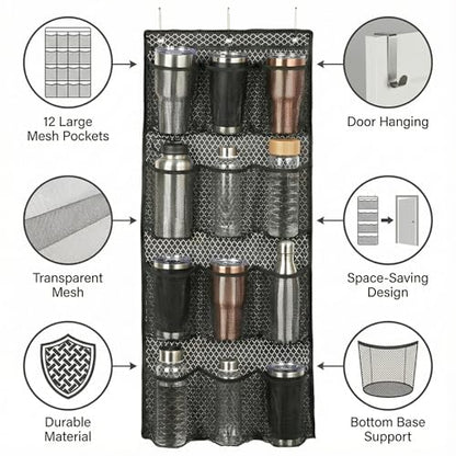 Water Bottle Organizer over the Door Cup Holder with 12 Large Pockets and Reinforced Bottom Tumbler Organizer Clear Mesh Cup Storage for Kitchen Pantry Cabinet Door Wall 41"×17"