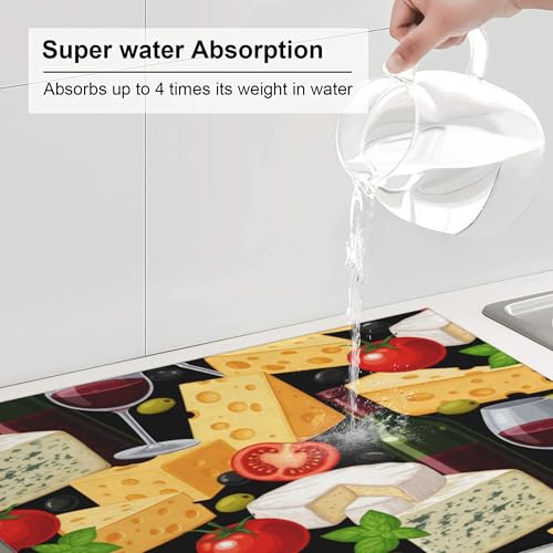 Dish Drying Mat for Kitchen Counter - Cheese Wine Absorbent Heat Resistant Microfiber Dishes Drainer Mat - Kitchen Gadgets Large Coffee Machine Dish Rack Pad 18"X24"