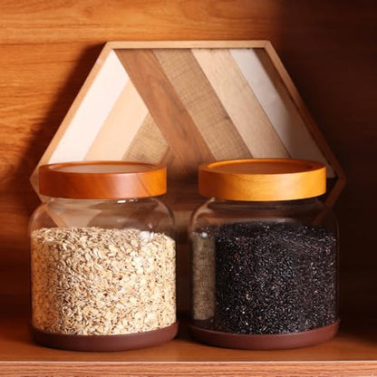 SAIOOL 2-Pack Striped Borosilicate Glass Airtight Canisters - Big mouth Large Capacity, Acacia Wood Lid, Food Storage Jars for Flour, Pasta, Pantry Organization (1/2 Gallon （Strew 2 pack）) - size: 1/2 Gallon (Strew 2 pack)