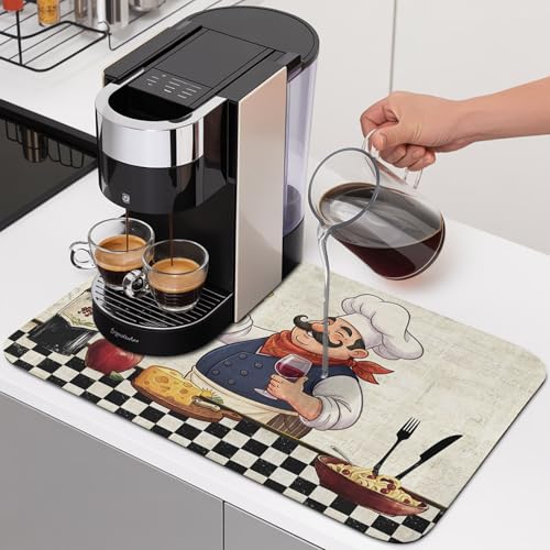Retro Cartoon Chef Dish Drying Mats for Kitchen Counter, Vintage Wine Cheese Farmhouse Traditional Absorbent Coffee Bar Mat with Non-slip Rubber Backed Quick Drying Dish Rack Pad 16"x18" - color: Cream, Green, Red, size: 18" x 16"