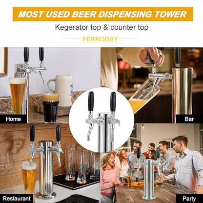 FERRODAY Upgraded Long Shank Adjustable Faucet Kegerator Tower Dual Faucet Beer Tower Double Tap Beer Tower Dispenser Beer Tap Kegerator Parts Pre-assembled Lines 3" Keg Tower Beer Keg Tap - size: Adjustable Dual Tap-Brass Faucet