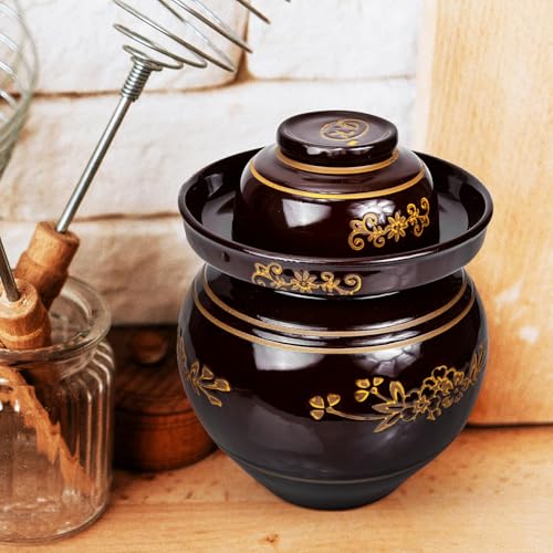 NUOBESTY Traditional Ceramic Pickle Jar 5.5lb Thickened Fermentation Crock Sealed Vegetable Sauerkraut Storage Jar with Retro Pattern for Home Kitchen Use Random Color