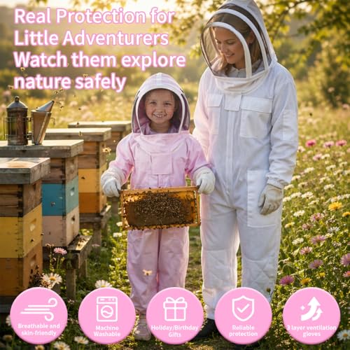 Pink Kids Bee Suit Bee Suits for Kids and Girl Full Body Kid Beekeeping Suit with Veil Hood and Glove Children Beekeeper Bee Costume 100% Cotton Skin Breathable for Family, Backyard, Gifts, Halloween