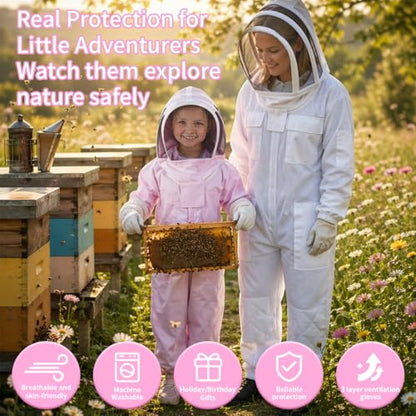 Pink Kids Bee Suit Bee Suits for Kids and Girl Full Body Kid Beekeeping Suit with Veil Hood and Glove Children Beekeeper Bee Costume 100% Cotton Skin Breathable for Family, Backyard, Gifts, Halloween