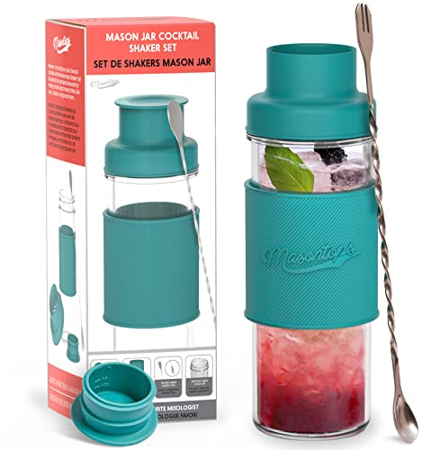 Masontops Cocktail Shaker Set – Glass Mason Jar Drink Shaker – 4 PC Set with Metal Swizzle Stick - Teal - color: Shaker Set Teal
