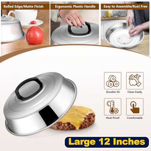 HaSteeL 12In Cheese Melting Dome & 5.5In Bacon Press, Stainless Steel Round Basting Cover, Smash Metal Burger Griddle Grill Press Weight for Teppanyaki Flat Top Iron Skillet Cooking, Dishwasher Safe - color: 12In Lid + 5.5In Press