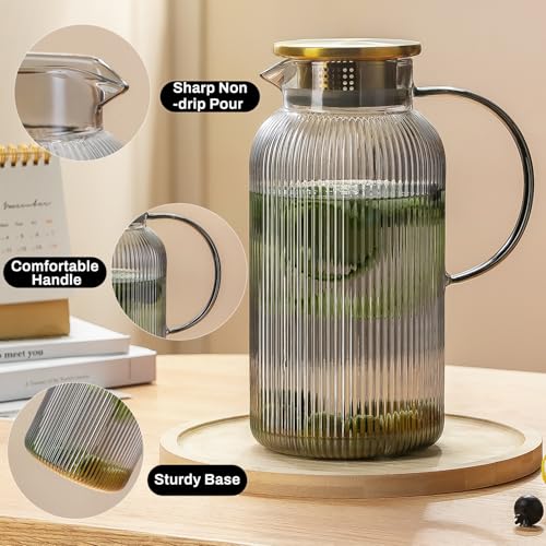 Buaic 2 PACK Glass Pitcher with Lid, 68 oz/ 2 Liter Gray Classic Vertical Stripes Water Pitcher,Glass Water Carafe for Cold Brew, Coffee, Lemonade, Iced Tea,Beverage, Heat Resistant Water Glass Jug - color: Gray, size: 2L-2 PACK