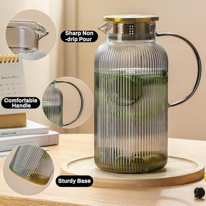 Buaic 2 PACK Glass Pitcher with Lid, 68 oz/ 2 Liter Gray Classic Vertical Stripes Water Pitcher,Glass Water Carafe for Cold Brew, Coffee, Lemonade, Iced Tea,Beverage, Heat Resistant Water Glass Jug - color: Gray, size: 2L-2 PACK