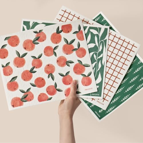 RECYCO Swedish Dishcloths for Kitchen | 4 Pack Oversized Washable Dish Rags | Large Cellulose Reusable Cleaning Paper Towels | Absorbent Counter Dish Cloth Sponge XL Kitchen Wipes, 12" L x 10" W - color: Peachy Leaves - Xl 4 Pack