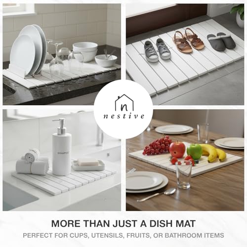 Large Stone Drying Mat for Kitchen Counter | 24"x16" | Fast Drying Collapsible Diatomaceous-Earth Mat | Super Absorbent Folding Mat for Dishes, Bottles, Glass, Heat-Resistant, Non-Slip (White) - color: White
