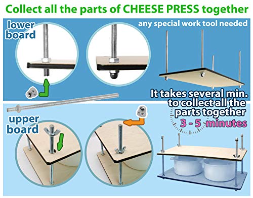 Wooden Cheese Press for Cheese Making Supplies 16in Metal Guides and 2 pcs Cheese Mold with Follower Piston 1.3Qt - large Home Supply Ultimate Cheese Press Machine - Prensa Para Queso Casero