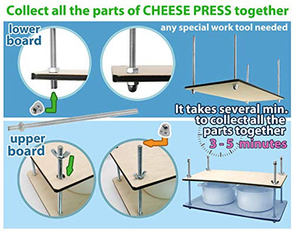 Wooden Cheese Press for Cheese Making Supplies 16in Metal Guides and 2 pcs Cheese Mold with Follower Piston 1.3Qt - large Home Supply Ultimate Cheese Press Machine - Prensa Para Queso Casero