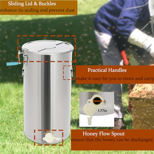 2 Frame Manual Honey Extractor, Stainless Steel Beekeeping Extraction Separator with Lid, Apiary Centrifuge Equipment for Hive Farms