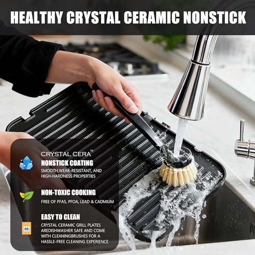 CATTLEMAN Panini Grill Press Sandwich Maker with Removable Plates, 1600W, 6 in 1 Waffle Maker & Electric Indoor Grill with Meat Thermometer, PFAS Free Ceramic Nonstick Reversible Plates, Opens Flat - color: Black with Waffle Plates