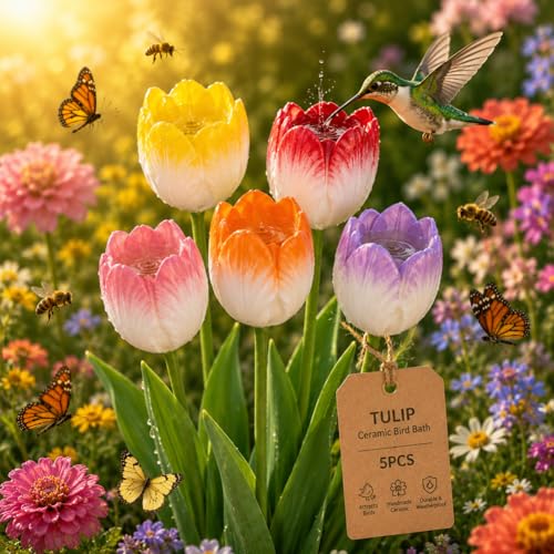 Bee Watering Station for Garden Cups Bird Butterfly Bees Ceramic Drinking and Water Bath Feeder Cup Blossoms Flowers Shaped Design Poppies Bowl Wildlife Feeding 5PCS Watring Pollinator (5PCS-E) - color: 5PCS-E
