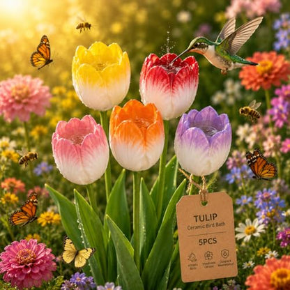 Bee Watering Station for Garden Cups Bird Butterfly Bees Ceramic Drinking and Water Bath Feeder Cup Blossoms Flowers Shaped Design Poppies Bowl Wildlife Feeding 5PCS Watring Pollinator (5PCS-E) - color: 5PCS-E