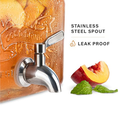 Glass Drink Dispenser for Fridge - Stainless Steel Spigot Mason Jar Dispenser with Wide Opening & Easy-Fill - Beverage Storage for Outdoor, Water, Iced Tea, Juice, Sangria & Detergent, 1 GALLON