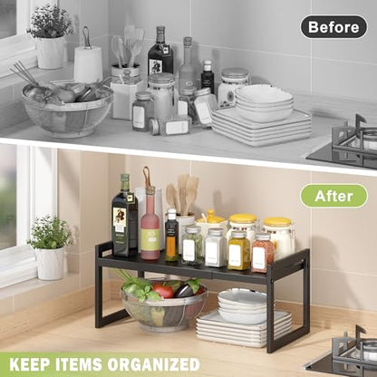 DOLALIKE Expandable kitchen Countertop Organizer, Stackable Cabinet Shelf Organizers, Space Saving Spice Rack Pantry Storage for Bathroom Office (Black, 1 Pack) | Space Saving Metal Pantry Storage Racks for Kitchen Spice Rack Pans and Untensils Bathroom O